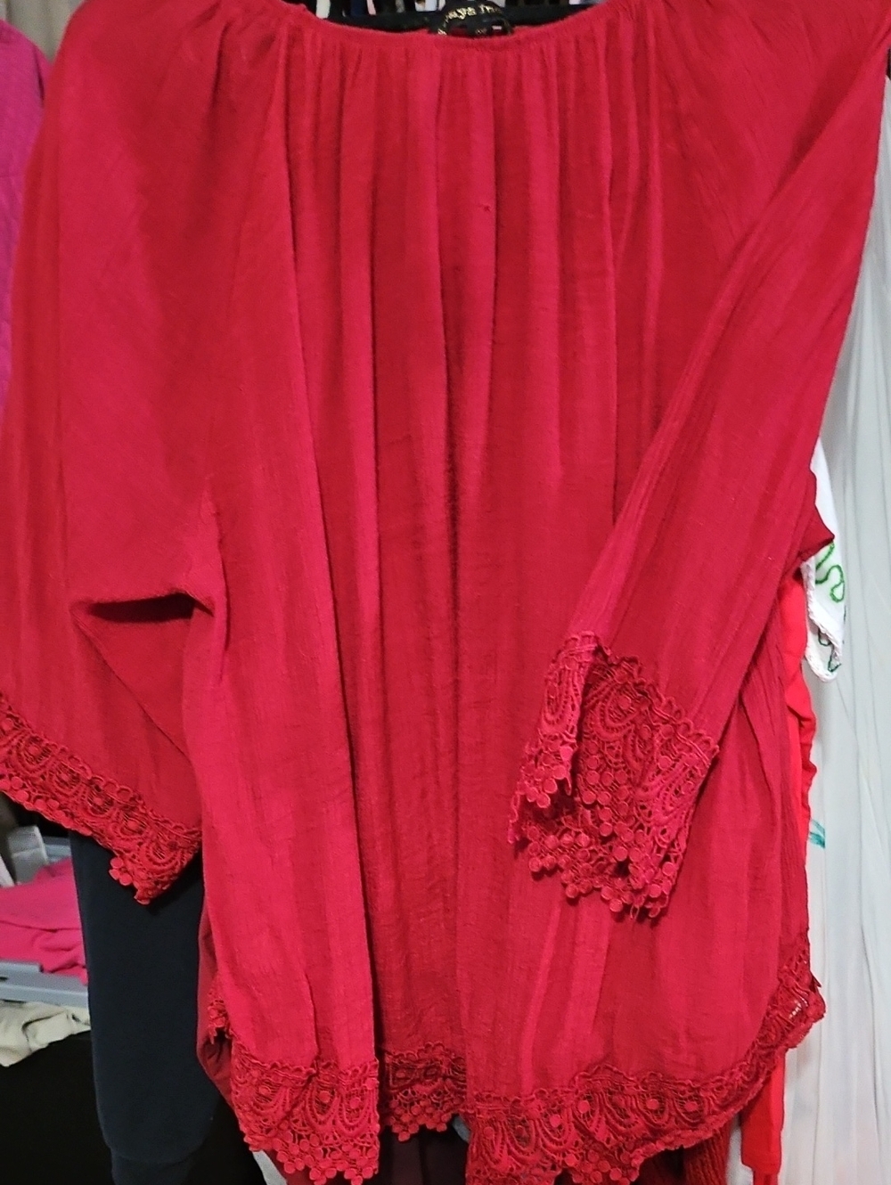 Red Lace Trim Boho Blouse